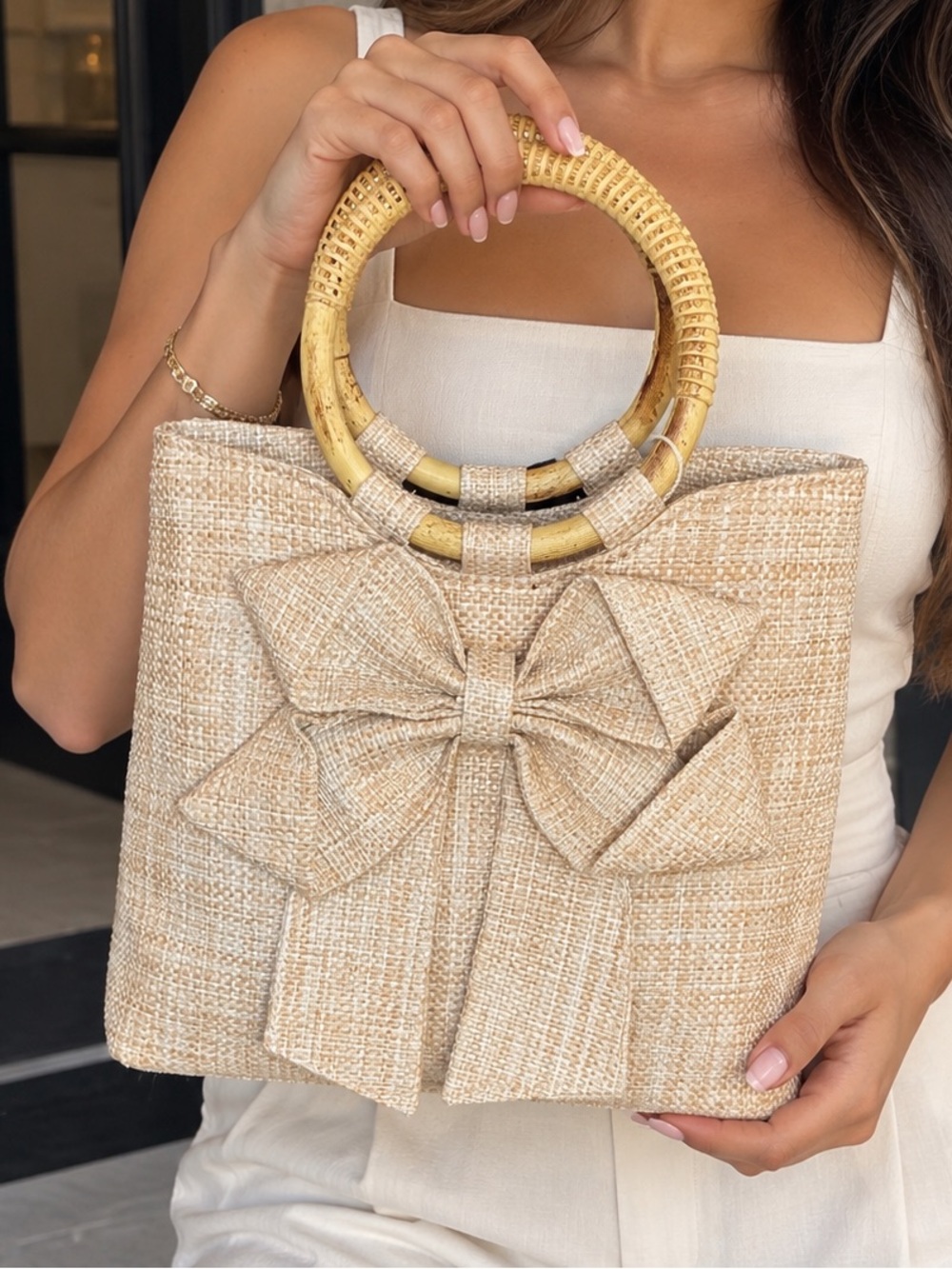 Tommy Bahama Cream Woven Tote with Bow and Rattan Handles